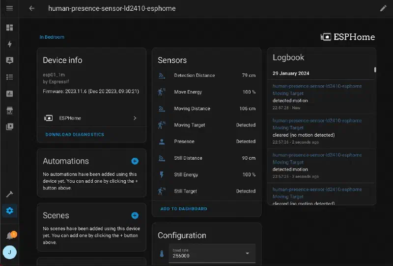 LD2410 Human Presence Sensor status in Home Assistant