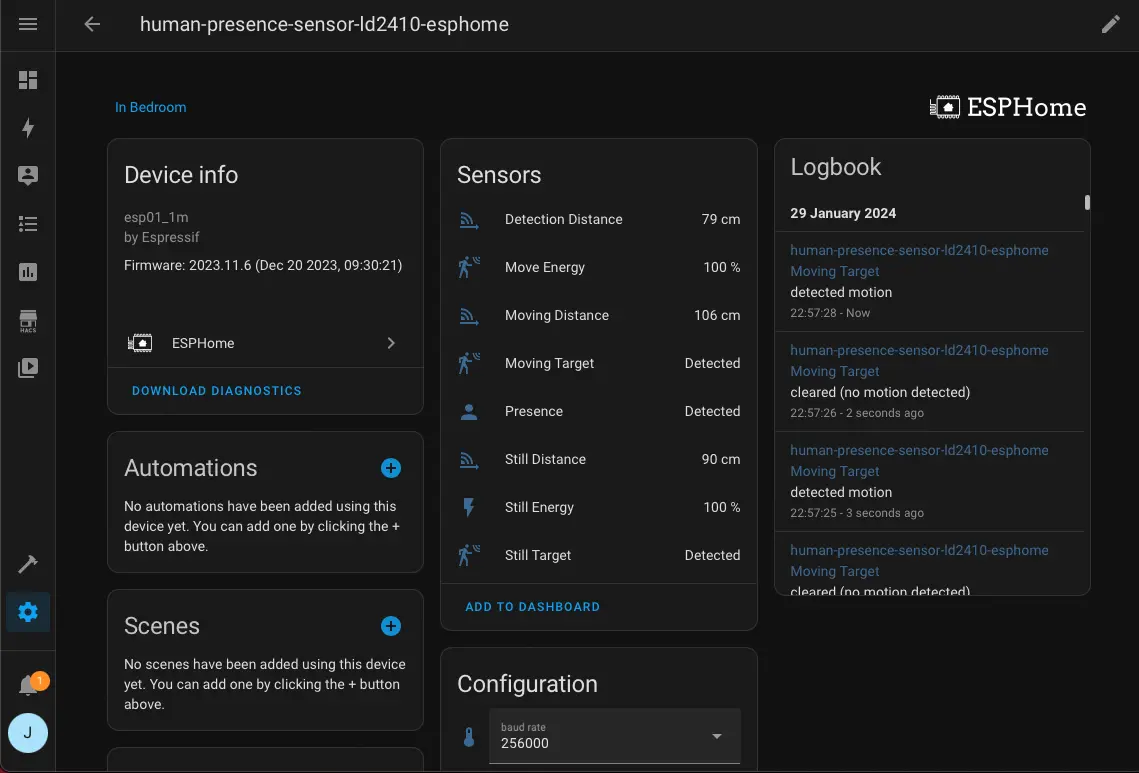 LD2410 Human Presence Sensor status in Home Assistant