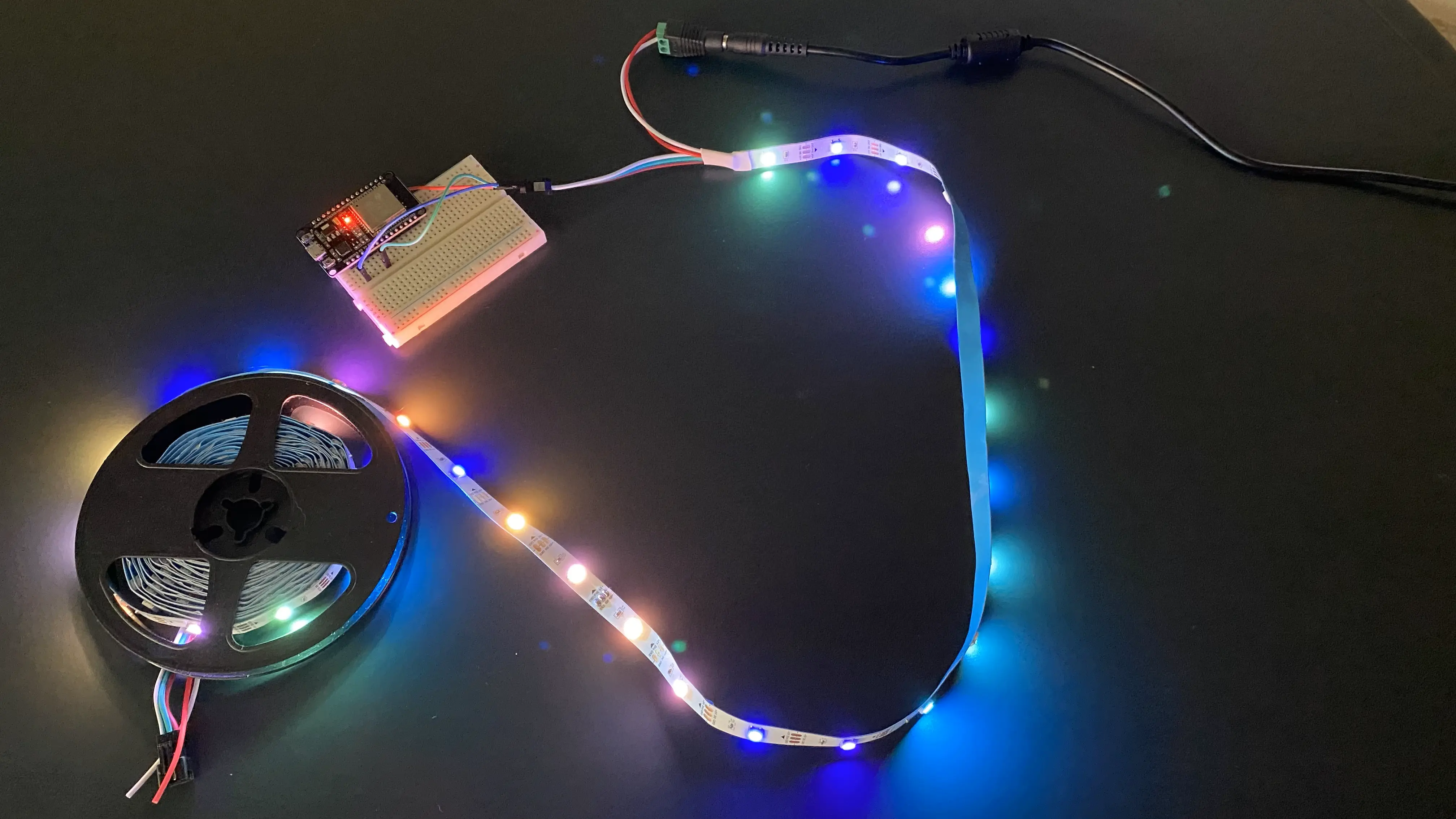 ESP32 with WLED controls WS2812B addressable LED light strip.