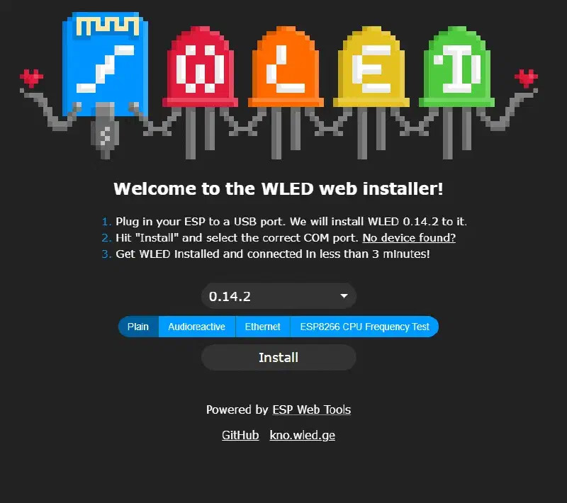 WLED’s ESP Web tool install web page