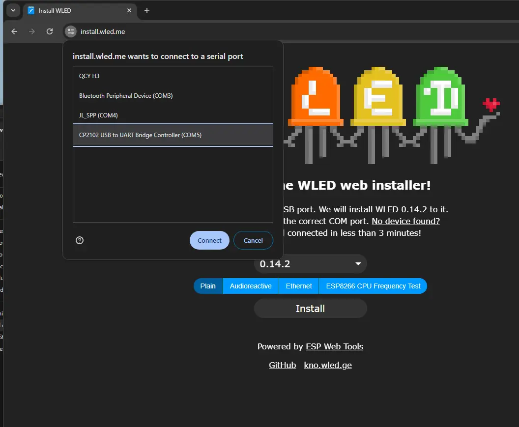 Select ESP32&rsquo;s series port in WLED ESP web tool