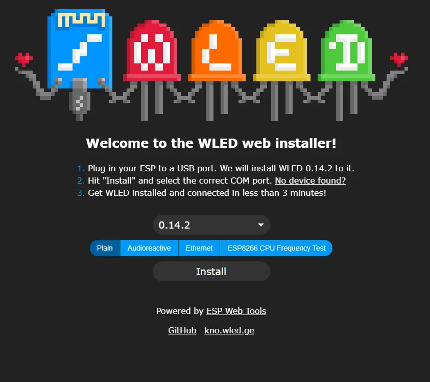 WLED&rsquo;s ESP Web tool install web page