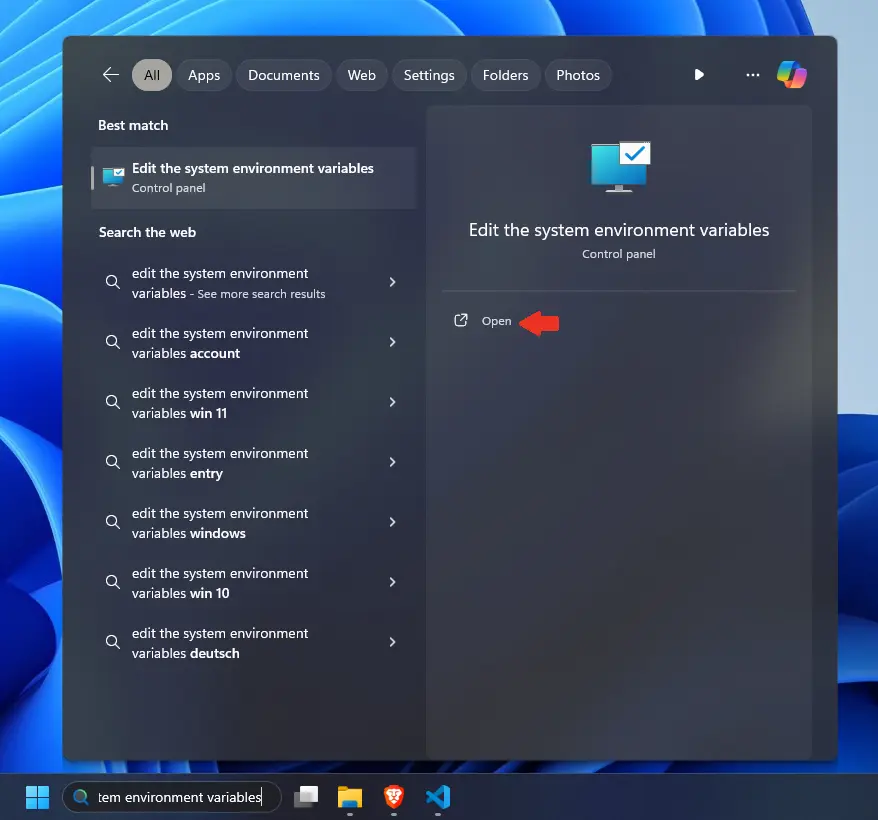 Search &ldquo;Edit the system environment variables&rdquo; in Windows Search.