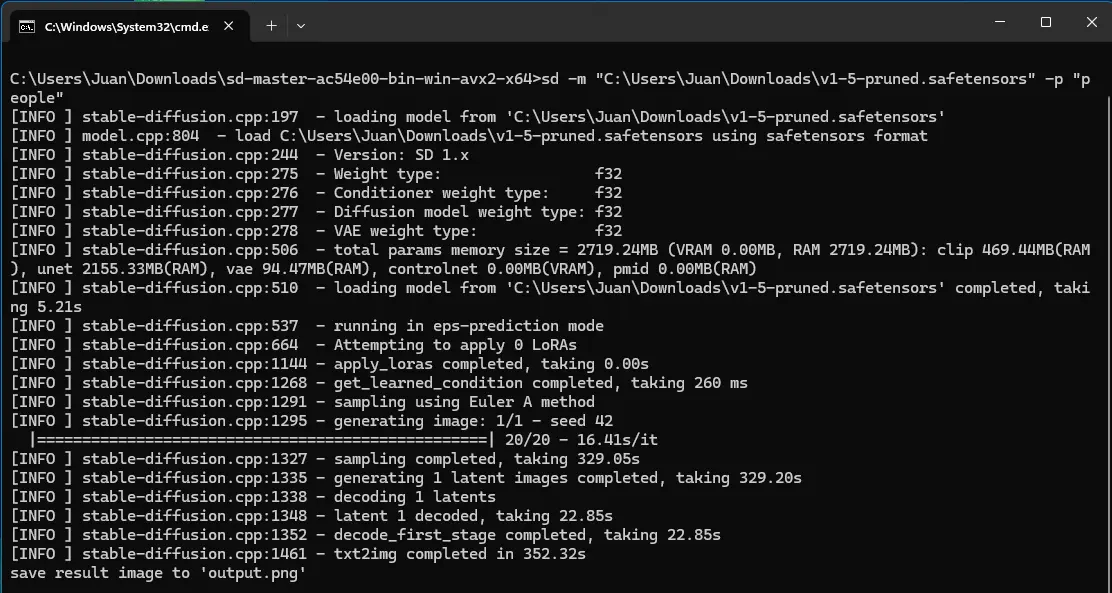 running Stable Diffusion 1.5 using stable-diffusion.cpp and AVX2 on CPU